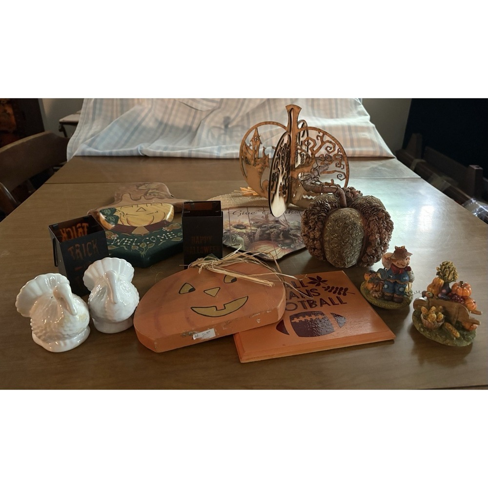 Halloween & Thanksgiving Decor Lot 12 Pcs Some Vintage S&P, Signs, Candle Topper